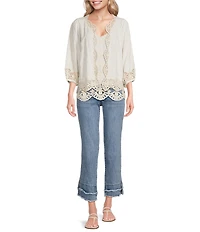 Democracy Woven 3/4 Blouson Sleeve Crochet Framing Open-Front Crop Jacket