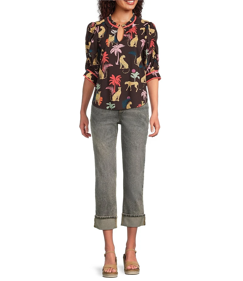 Democracy Woven Animal Plam Print Ruffle Split V-Neck Ruched Elbow Sleeve Top