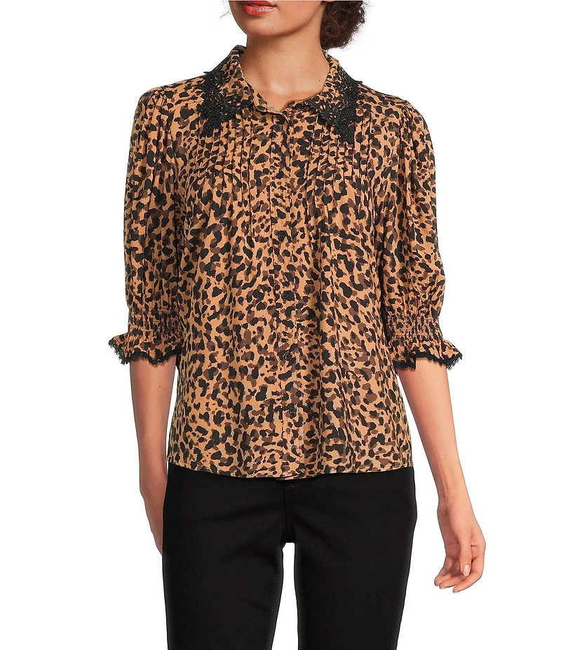Democracy Woven Animal Print Crochet Edge Spread Collar Elbow Lantern Sleeve Button-Front Shirt