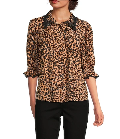 Democracy Woven Animal Print Crochet Edge Spread Collar Elbow Lantern Sleeve Button-Front Shirt