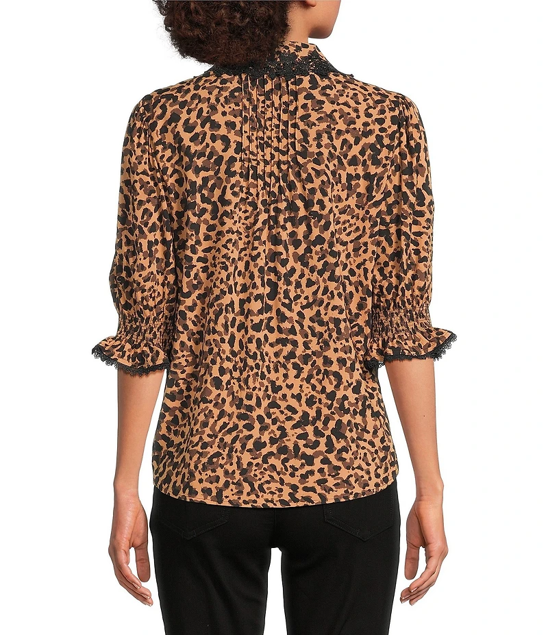 Democracy Woven Animal Print Crochet Edge Spread Collar Elbow Lantern Sleeve Button-Front Shirt