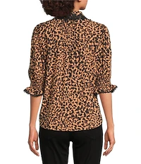 Democracy Woven Animal Print Crochet Edge Spread Collar Elbow Lantern Sleeve Button-Front Shirt