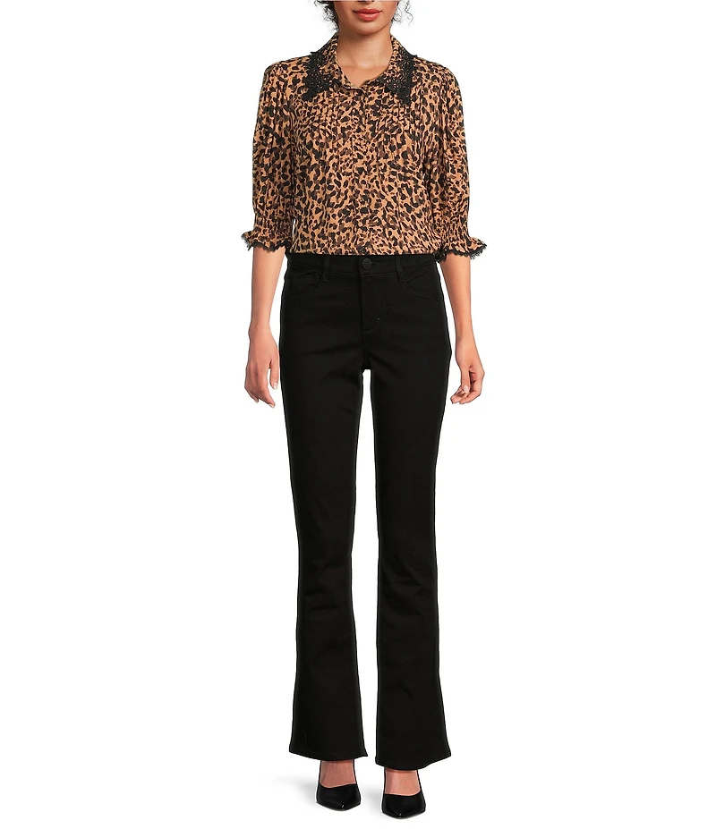Democracy Woven Animal Print Crochet Edge Spread Collar Elbow Lantern Sleeve Button-Front Shirt