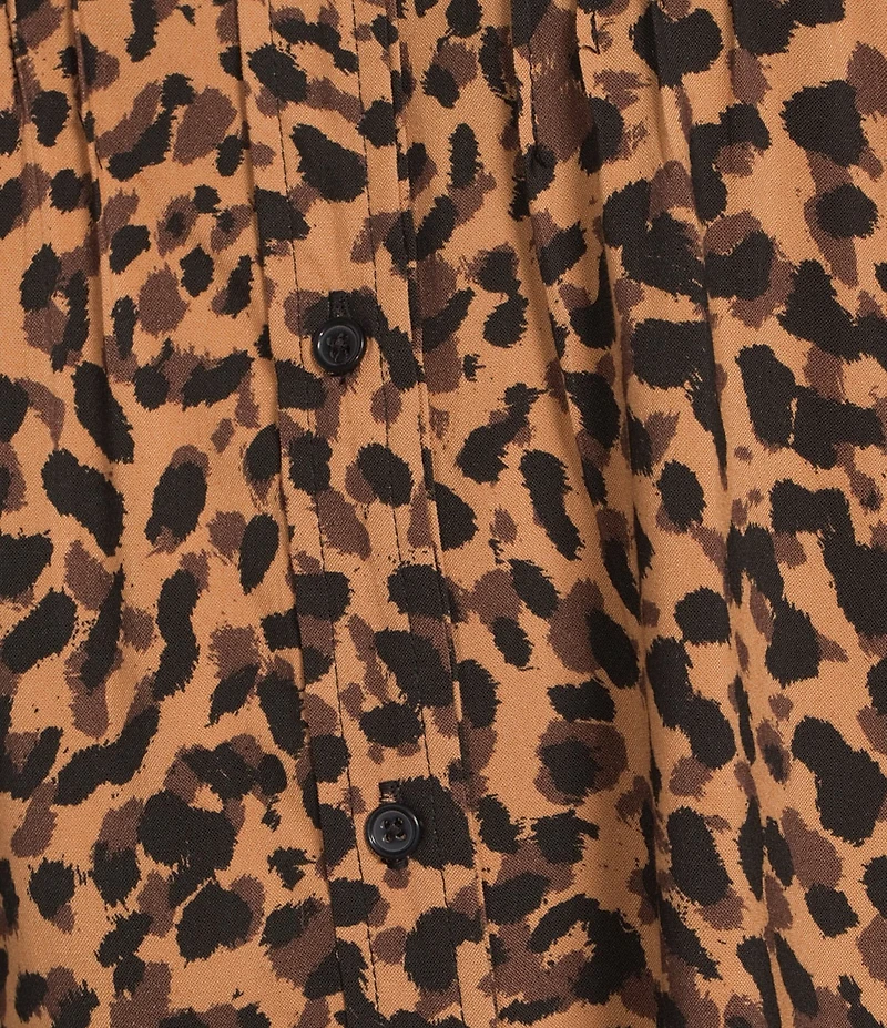 Democracy Woven Animal Print Crochet Edge Spread Collar Elbow Lantern Sleeve Button-Front Shirt