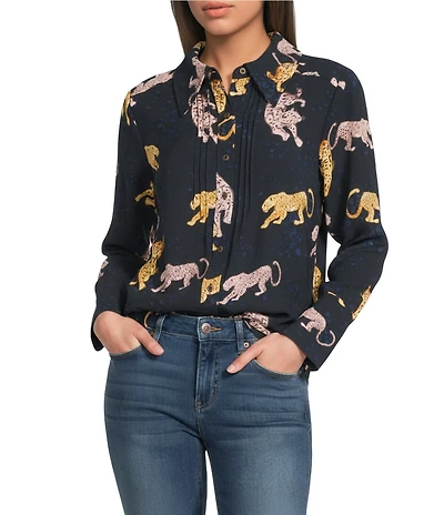 Democracy Woven Animal Print Point Collar Long Sleeve Button-Front Shirt