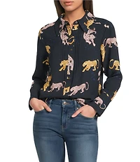 Democracy Woven Animal Print Point Collar Long Sleeve Button-Front Shirt