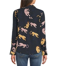 Democracy Woven Animal Print Point Collar Long Sleeve Button-Front Shirt