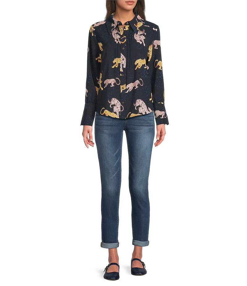 Democracy Woven Animal Print Point Collar Long Sleeve Button-Front Shirt