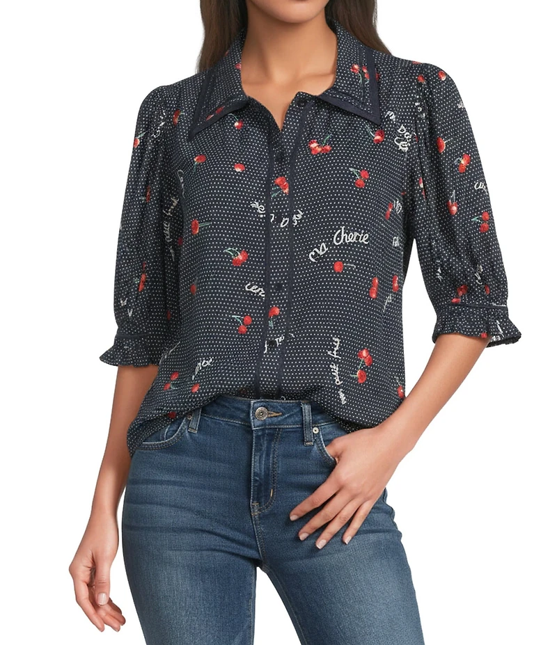 Democracy Woven Cherries Dots Print Point Collar Below Elbow Sleeve Button Front Shirt