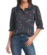 Democracy Woven Cherries Dots Print Point Collar Below Elbow Sleeve Button Front Shirt