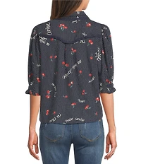 Democracy Woven Cherries Dots Print Point Collar Below Elbow Sleeve Button Front Shirt