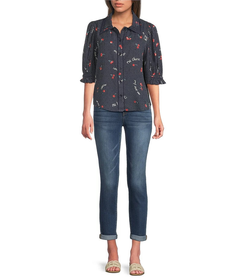 Democracy Woven Cherries Dots Print Point Collar Below Elbow Sleeve Button Front Shirt