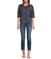 Democracy Woven Cherries Dots Print Point Collar Below Elbow Sleeve Button Front Shirt