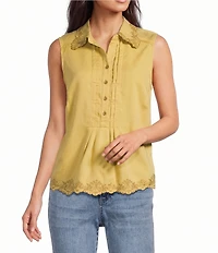 Democracy Woven Collared Sleeveless Embroidered Scalloped Hem Top