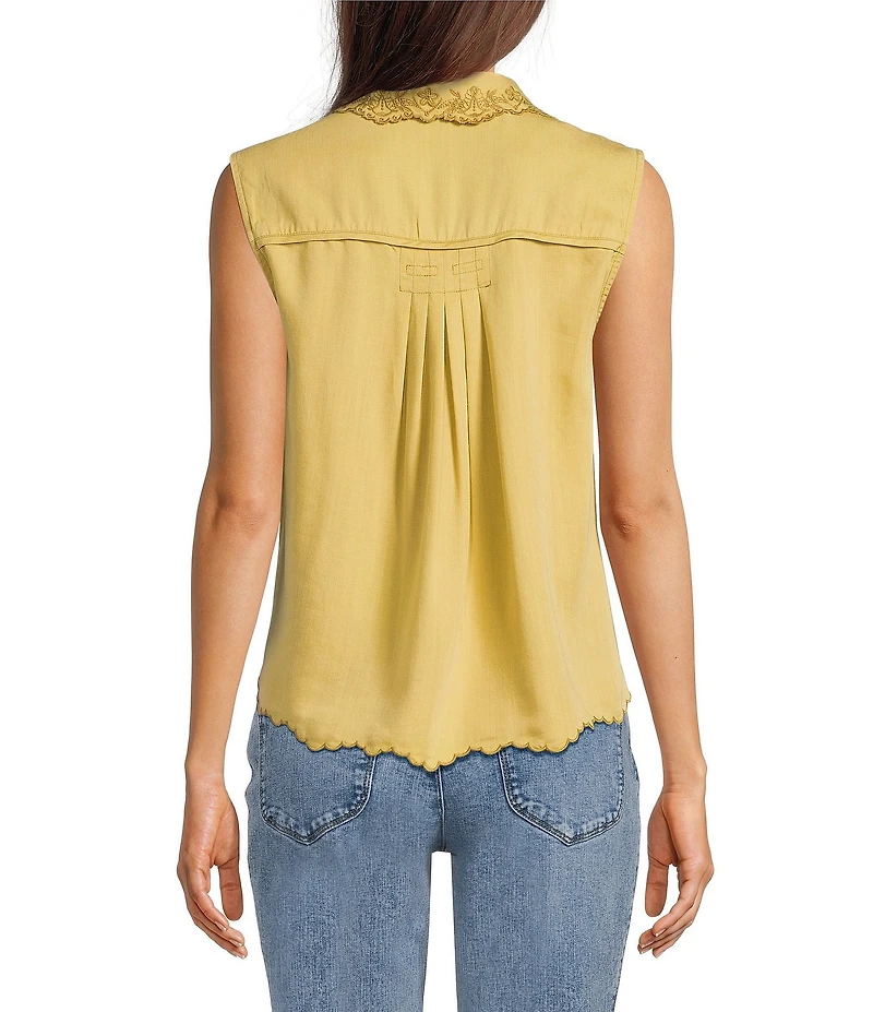 Democracy Woven Collared Sleeveless Embroidered Scalloped Hem Top