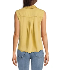Democracy Woven Collared Sleeveless Embroidered Scalloped Hem Top