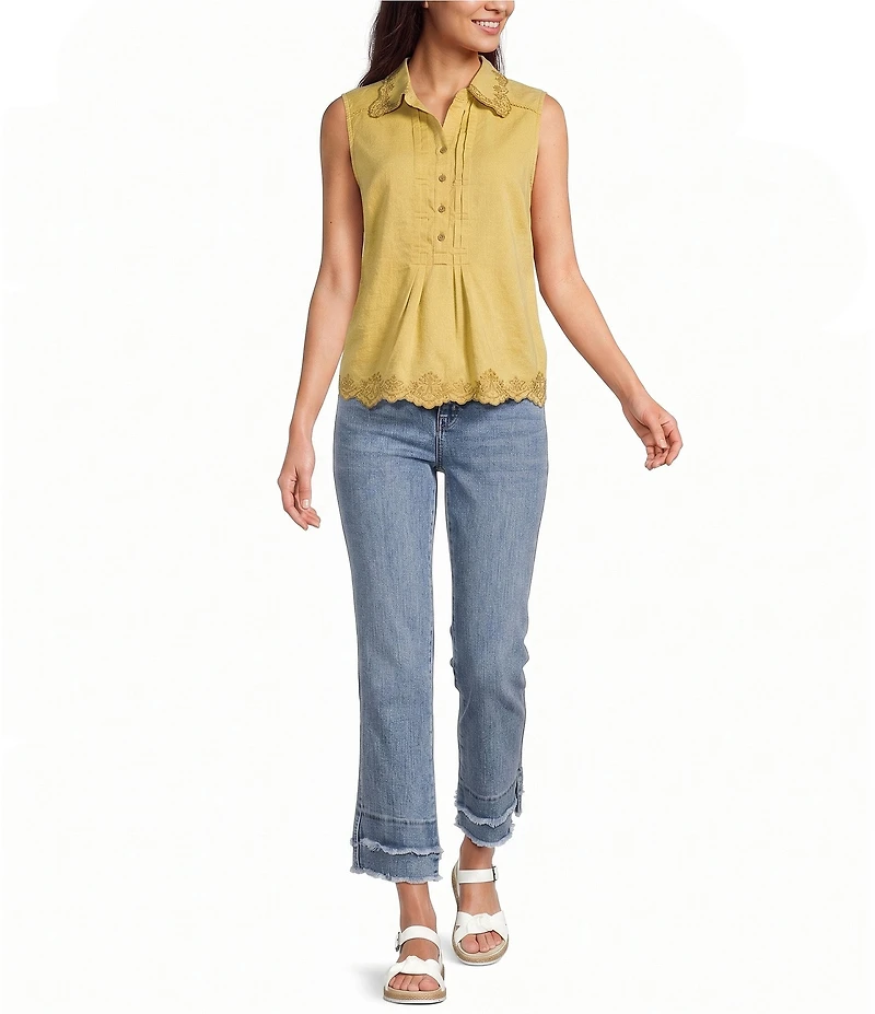 Democracy Woven Collared Sleeveless Embroidered Scalloped Hem Top