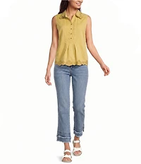 Democracy Woven Collared Sleeveless Embroidered Scalloped Hem Top