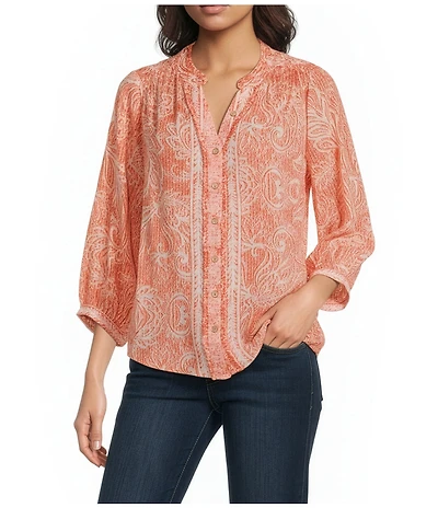 Democracy Woven Embroidered Floral Split V-Neck 3/4 Sleeve Button-Front Blouse