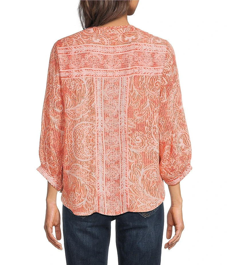 Democracy Woven Embroidered Floral Split V-Neck 3/4 Sleeve Button-Front Blouse