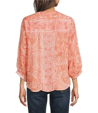 Democracy Woven Embroidered Floral Split V-Neck 3/4 Sleeve Button-Front Blouse