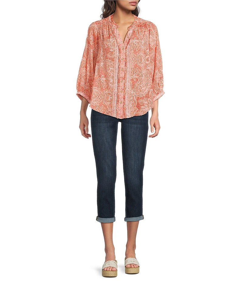 Democracy Woven Embroidered Floral Split V-Neck 3/4 Sleeve Button-Front Blouse