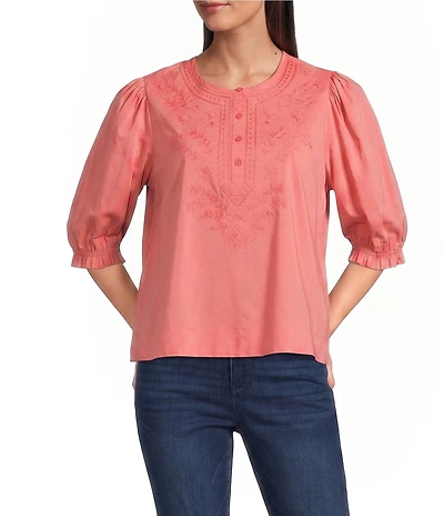 Democracy Woven Embroidered Yoke Henley Collar Below Elbow Length Sleeve Top