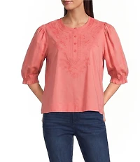 Democracy Woven Embroidered Yoke Henley Collar Below Elbow Length Sleeve Top