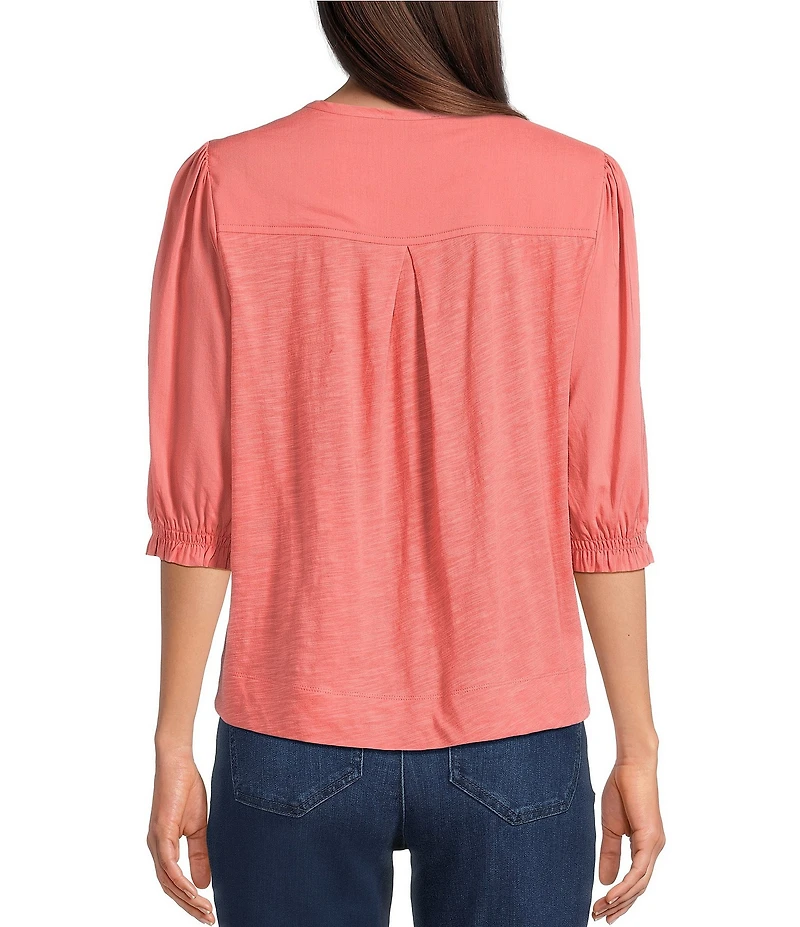 Democracy Woven Embroidered Yoke Henley Collar Below Elbow Length Sleeve Top