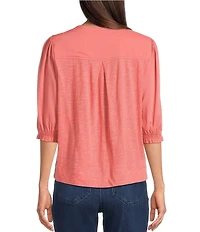 Democracy Woven Embroidered Yoke Henley Collar Below Elbow Length Sleeve Top