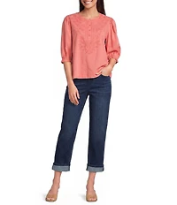 Democracy Woven Embroidered Yoke Henley Collar Below Elbow Length Sleeve Top