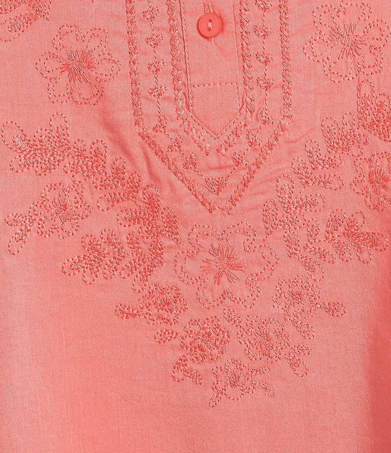 Democracy Woven Embroidered Yoke Henley Collar Below Elbow Length Sleeve Top