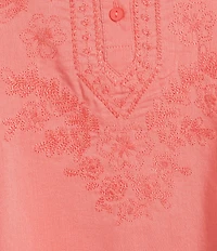 Democracy Woven Embroidered Yoke Henley Collar Below Elbow Length Sleeve Top