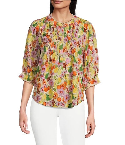 Democracy Woven Floral Fruit Print Round Neck Elbow Sleeve Half Button Front Placket Pintuck Detail Top