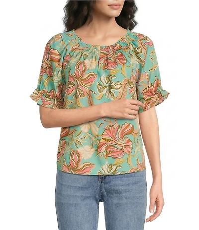 Democracy Woven Floral Keyhole Neck Short Sleeve Top