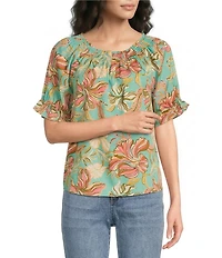 Democracy Woven Floral Keyhole Neck Short Sleeve Top