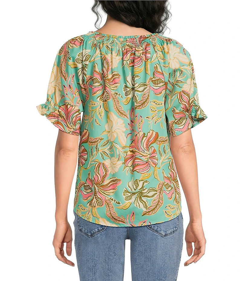 Democracy Woven Floral Keyhole Neck Short Sleeve Top