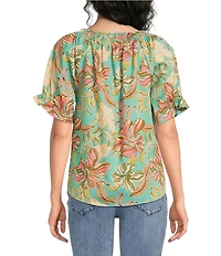 Democracy Woven Floral Keyhole Neck Short Sleeve Top