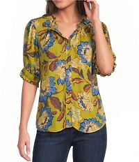 Democracy Woven Floral Paisley Split V-Neck Elbow Sleeve Button Front Top