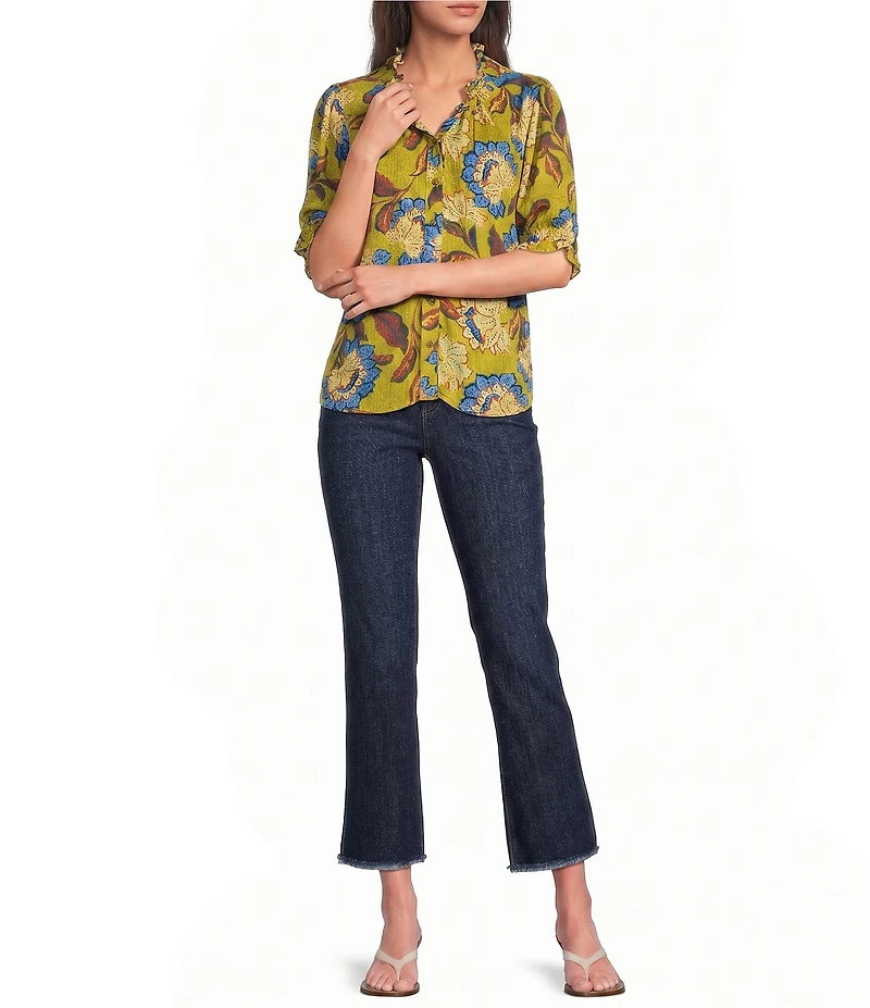 Democracy Woven Floral Paisley Split V-Neck Elbow Sleeve Button Front Top