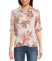 Democracy Woven Floral Paisley Split V-Neck Elbow Sleeve Button Front Top