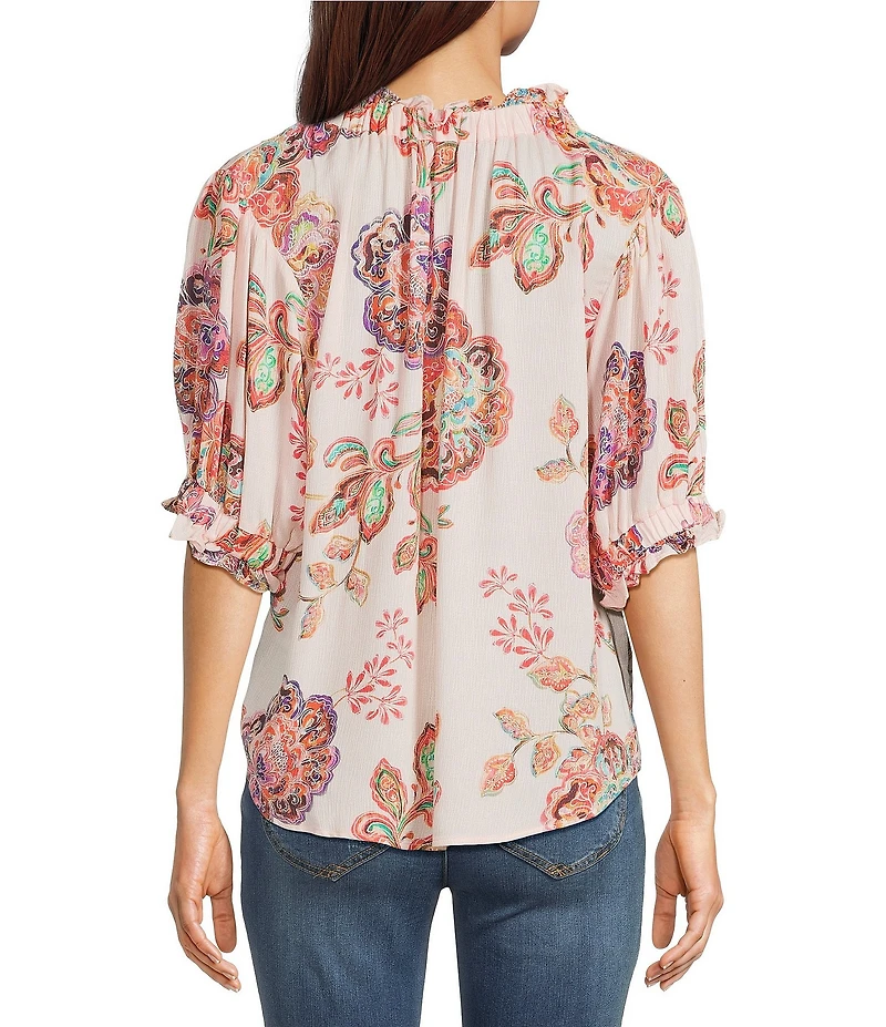 Democracy Woven Floral Paisley Split V-Neck Elbow Sleeve Button Front Top