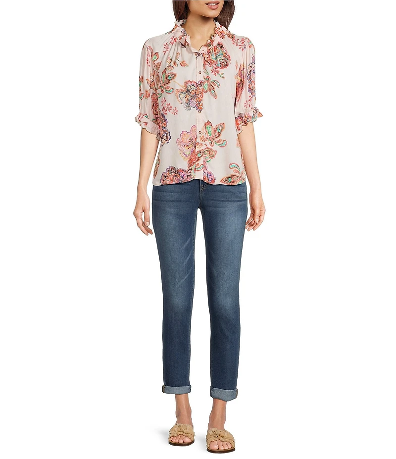 Democracy Woven Floral Paisley Split V-Neck Elbow Sleeve Button Front Top
