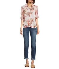 Democracy Woven Floral Paisley Split V-Neck Elbow Sleeve Button Front Top