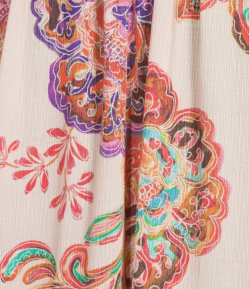 Democracy Woven Floral Paisley Split V-Neck Elbow Sleeve Button Front Top