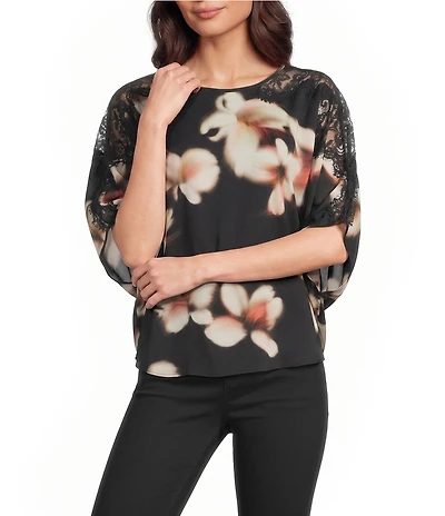 Democracy Woven Floral Scoop Neck Dolman Lace Inset Sleeve Top
