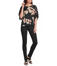 Democracy Woven Floral Scoop Neck Dolman Lace Inset Sleeve Top
