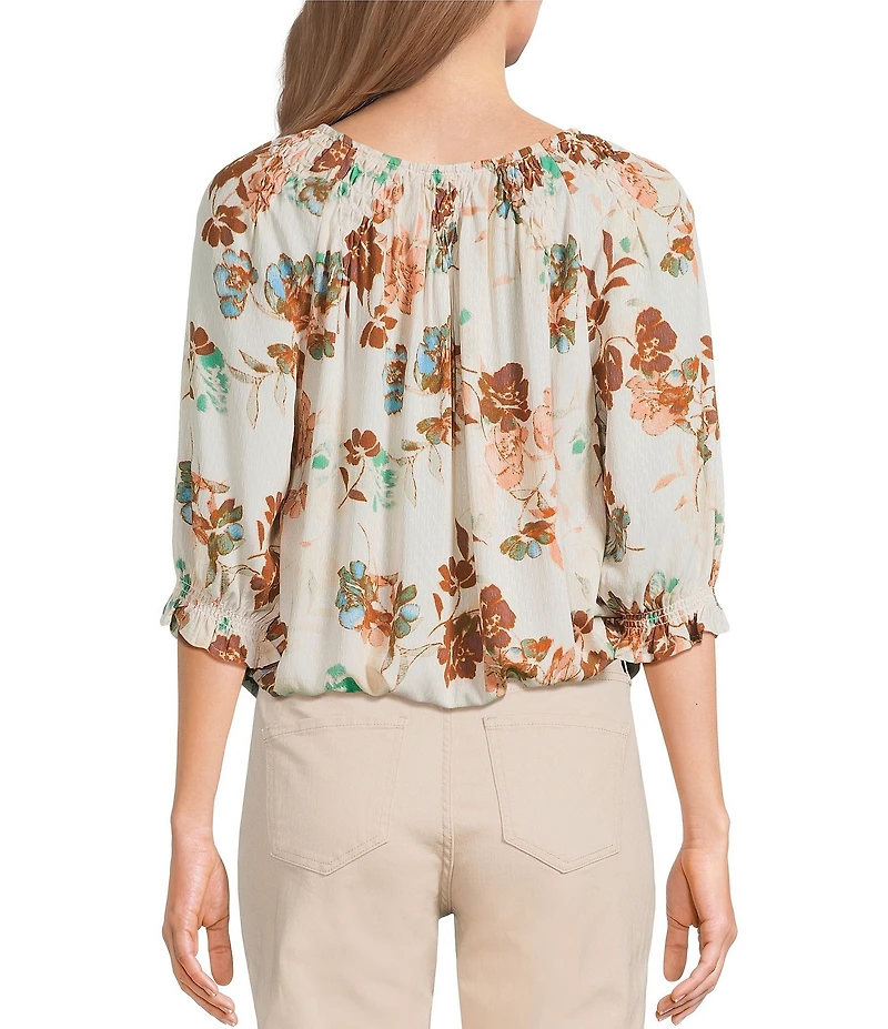 Democracy Woven Floral Smocked Neck Elbow Length Blouson Sleeve Bubble Hem Top