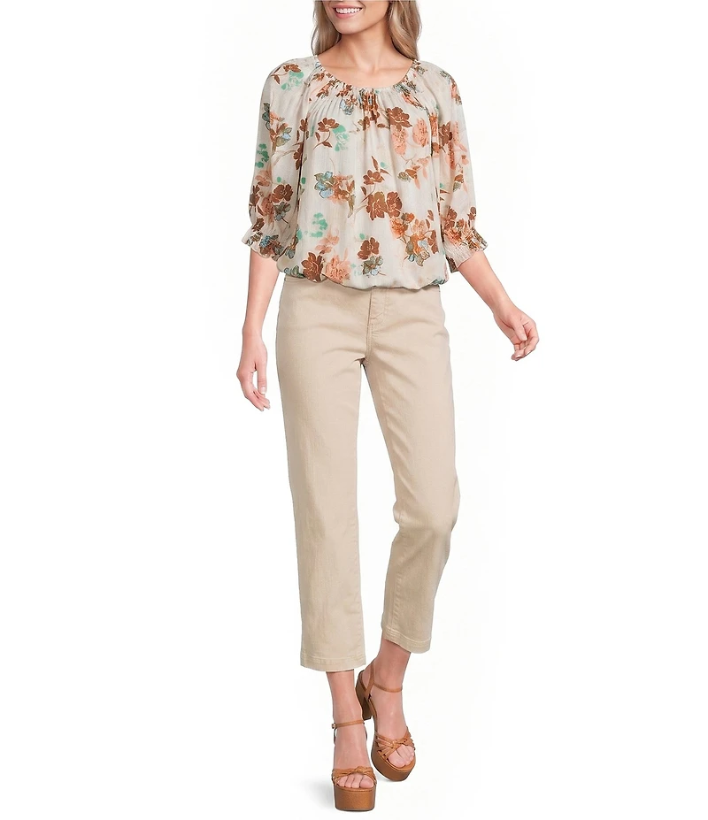 Democracy Woven Floral Smocked Neck Elbow Length Blouson Sleeve Bubble Hem Top