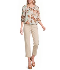 Democracy Woven Floral Smocked Neck Elbow Length Blouson Sleeve Bubble Hem Top